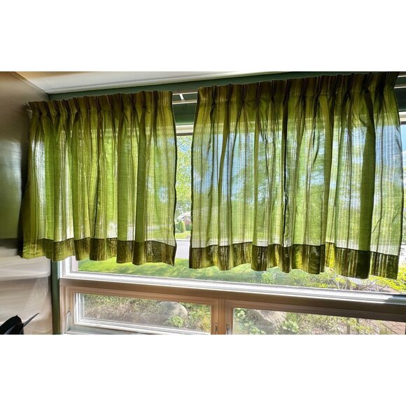Vintage 70s curtains, avocado green vertical stripes, pair pleated panels - Picture 2 of 10